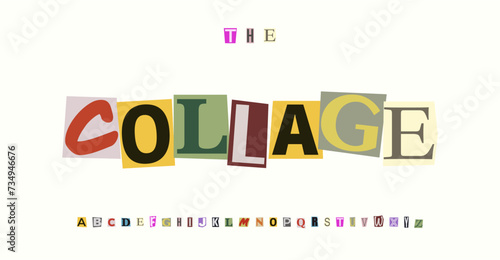 Collage font colorful cutout letters, cut pieces paper alphabet for engaging children logos, playful school banners, vibrant preschool crafts, decorative magazine-inspired typography. Vector typeset