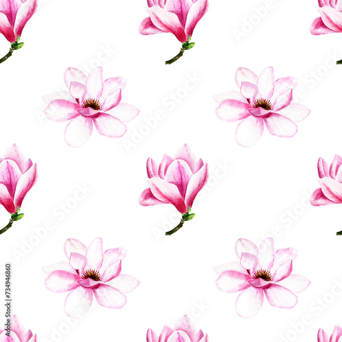 Watercolor magnolia flowers hand drawn seamless pattern.