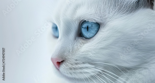 White cat with blue eyes on a white background.