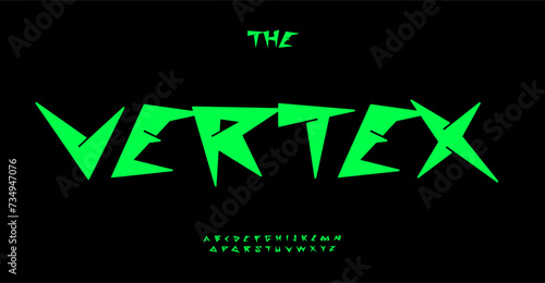 Angular vertex alphabet, spiky sans serif letters, dynamic font for bold modern logo, sharp headline, punk style typography, geometric design, 80s 90s retro party vibe. Vector typeset.