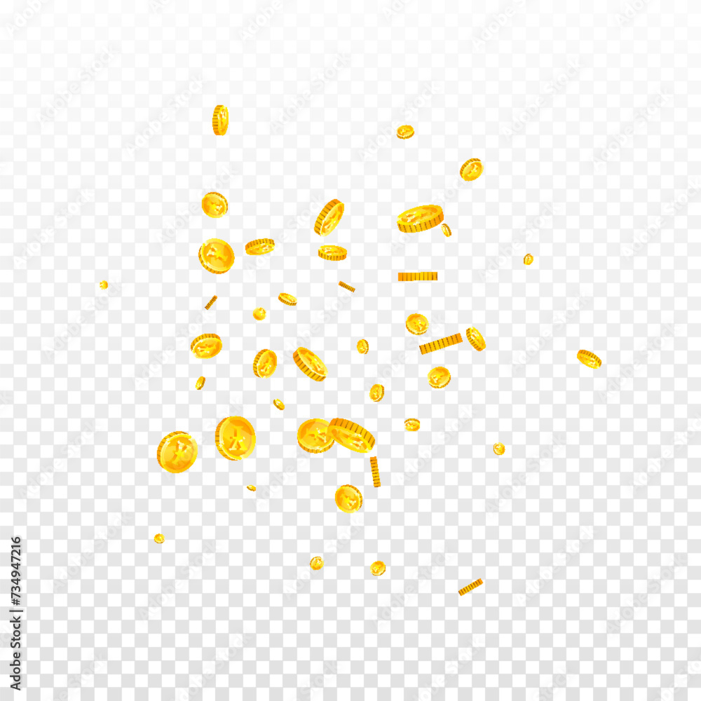Japanese yen coins falling. Scattered gold JPY Japanese yen coins falling. Scattered gold JPY
