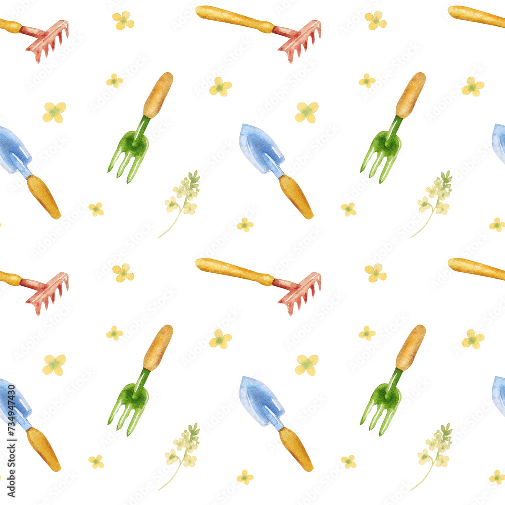 Watercolor garden tools pattern wit spring flowers