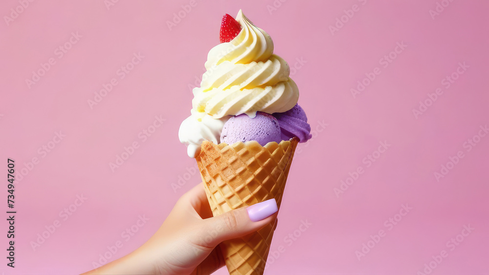 Fototapeta premium Close-up of a waffle cone with multicolored ice cream and a raspberry in a woman's hand. Ice cream on a pink background. Advertising banner concept. Copy space