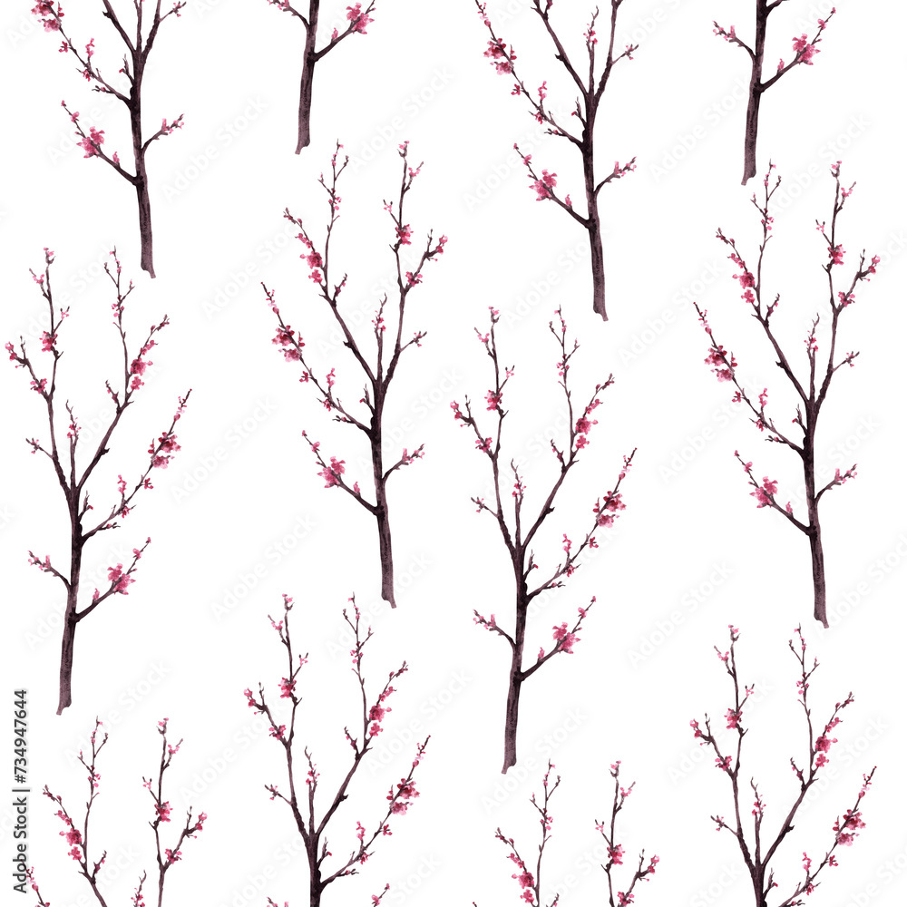 Watercolor hand drawn early spring blossoms of trees, sakura, cherry, apricot flowers. Seamless pattern. First buds, leaves, wrapping paper Botanical clipart Isolated illustration on white background 