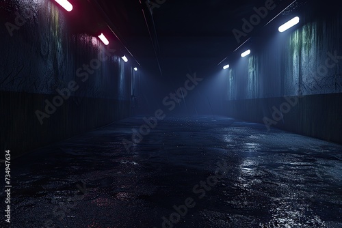 Midnight basement parking area or underpass alley. Wet, hazy asphalt with lights on sidewalls. crime, midnight activity concept photo