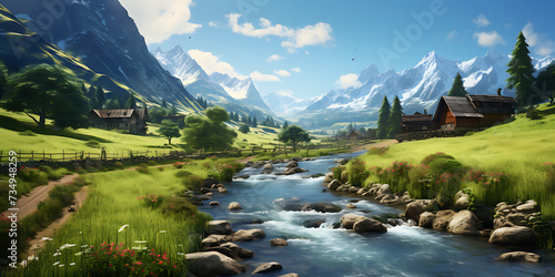 Mountain landscape with a river and houses. 3d render.