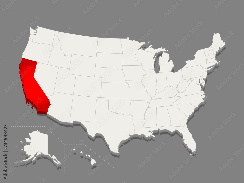 The state of California is highlighted in red on a minimalistic map of the USA in white on dark background. Thin clean lines. Raster illustration.