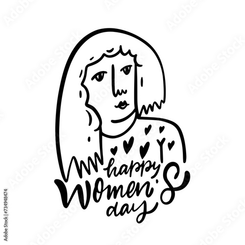Happy Women's day phrase text and doodle style face woman.
