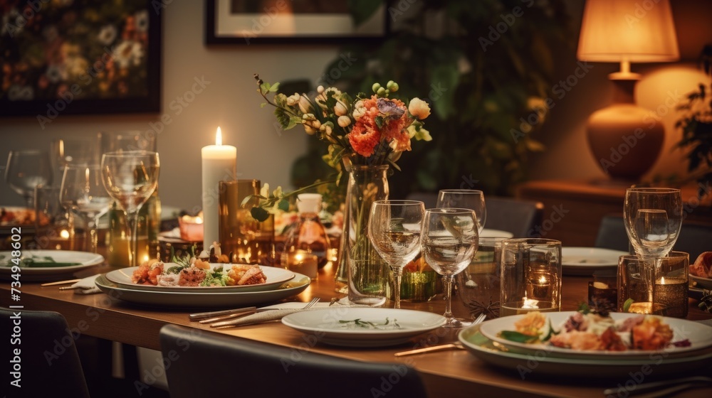 Elegant Dinner Table Set With Candles and Flowers Elegant Dinner Table Set With Candles and Flowers