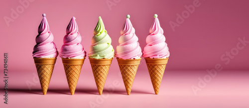 Five waffle cones with colorful ice cream. Ice cream wrapped in a spiral on a blue background. Sweet dessert. Advertising banner concept. Copy space