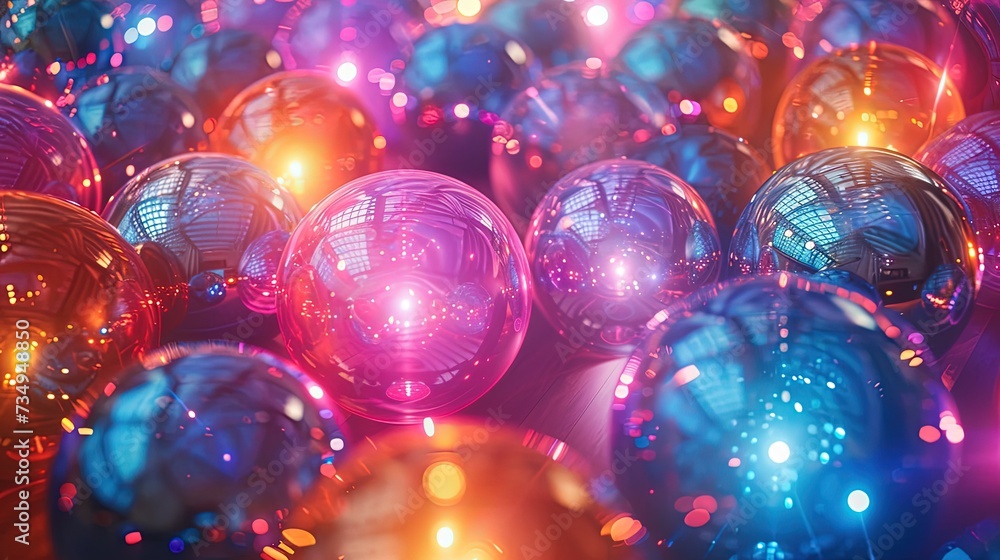Luminous disco balls, encapsulating the vibrant essence of a night music festival. Generative AI Luminous disco balls, encapsulating the vibrant essence of a night music festival. Generative AI