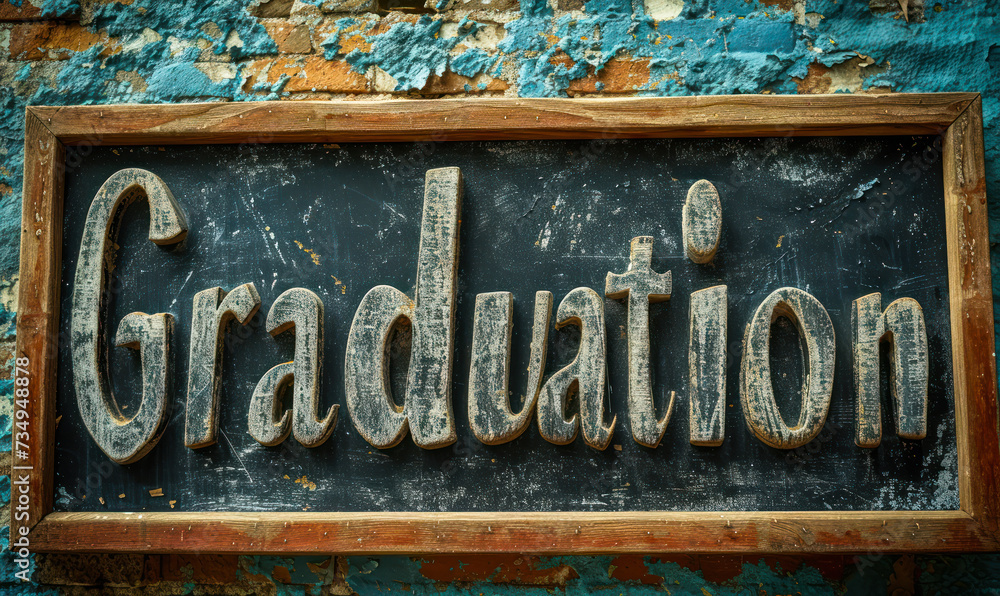 Rustic Graduation sign on a weathered chalkboard in a vintage classroom setting, symbolizing educational achievement and school completion