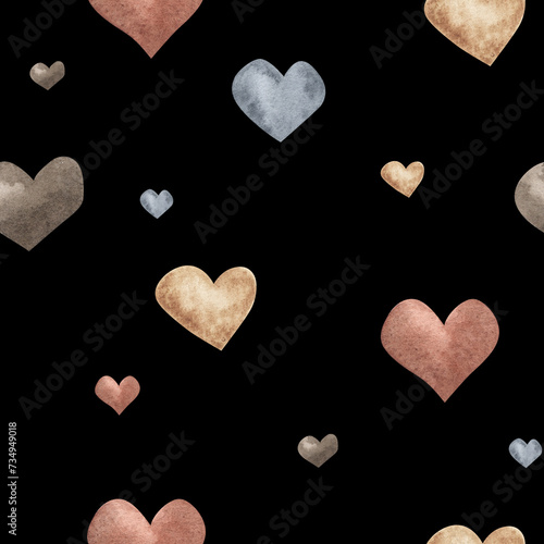 Stylish vintage pattern with watercolor love hearts. Brown and beige, grey seamless background, Digital paper boho textile hand drawn . Valentine day. Nursery wallpaper, fabric, textile. Black