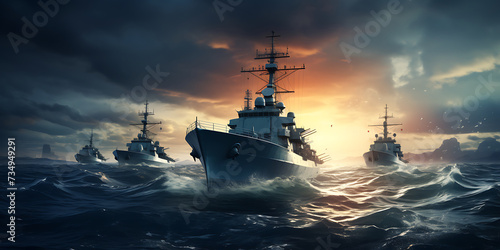 Military ships in the sea at sunset. 3d render illustration.