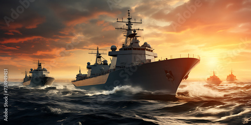 Military ships in the sea at sunset. 3d render illustration.