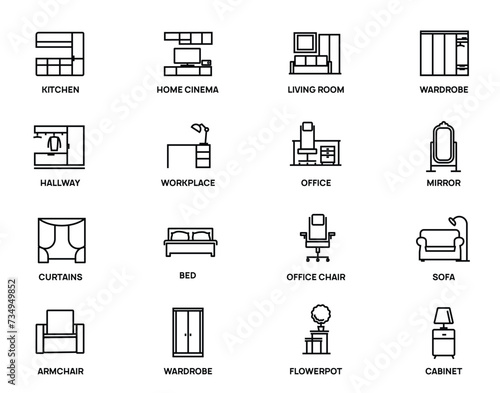 Large set of outline icons of different types of furniture and items of interior for living room, kitchen, bedroom, hallway and office. Bandle of pictograms in the same style