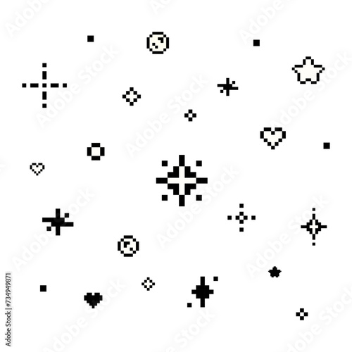 Pixel sparkling star, heart,  Soap bubbles  glittering 8 bit style