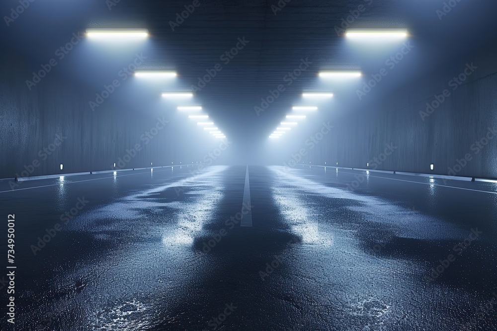 Midnight basement parking area or underpass alley. Wet, hazy asphalt with lights on sidewalls. crime, midnight activity concept Midnight basement parking area or underpass alley. Wet, hazy asphalt with lights on sidewalls. crime, midnight activity concept