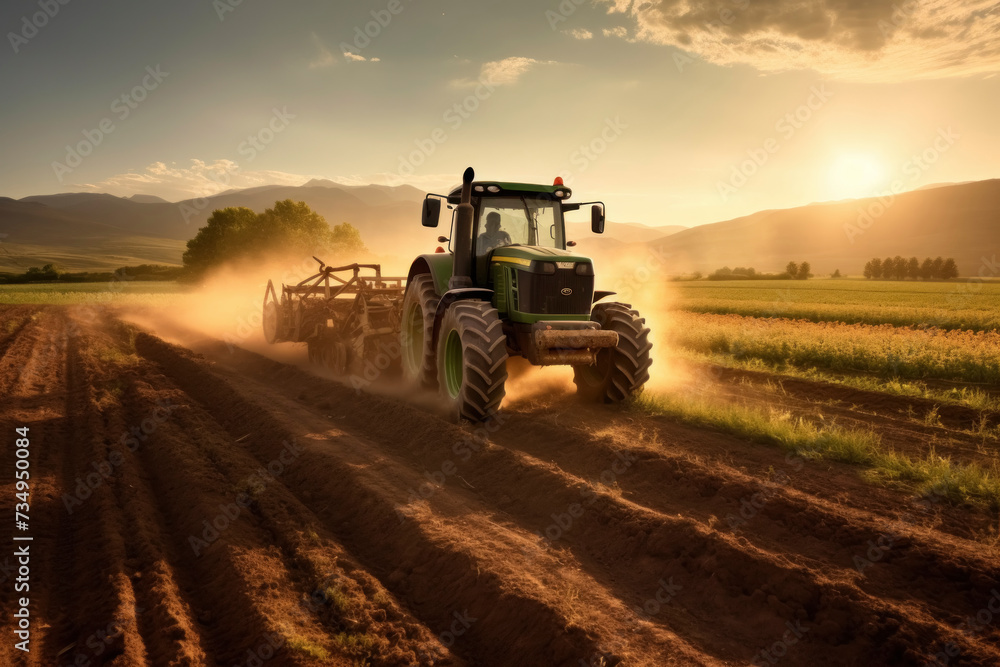 Fototapeta premium Tractor Plowing Field at Sunset in Rural Landscape