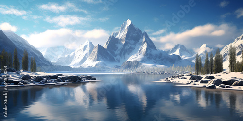 Mountains are covered snow lake surrounded trees landscape with blue sky background.