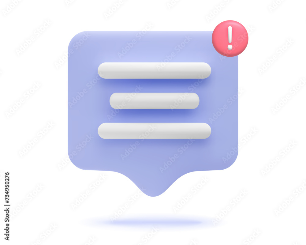 3d render icon chat speech bubble notification. Square shape message communication, app, web symbol. Vector illustration 3d render icon chat speech bubble notification. Square shape message communication, app, web symbol. Vector illustration