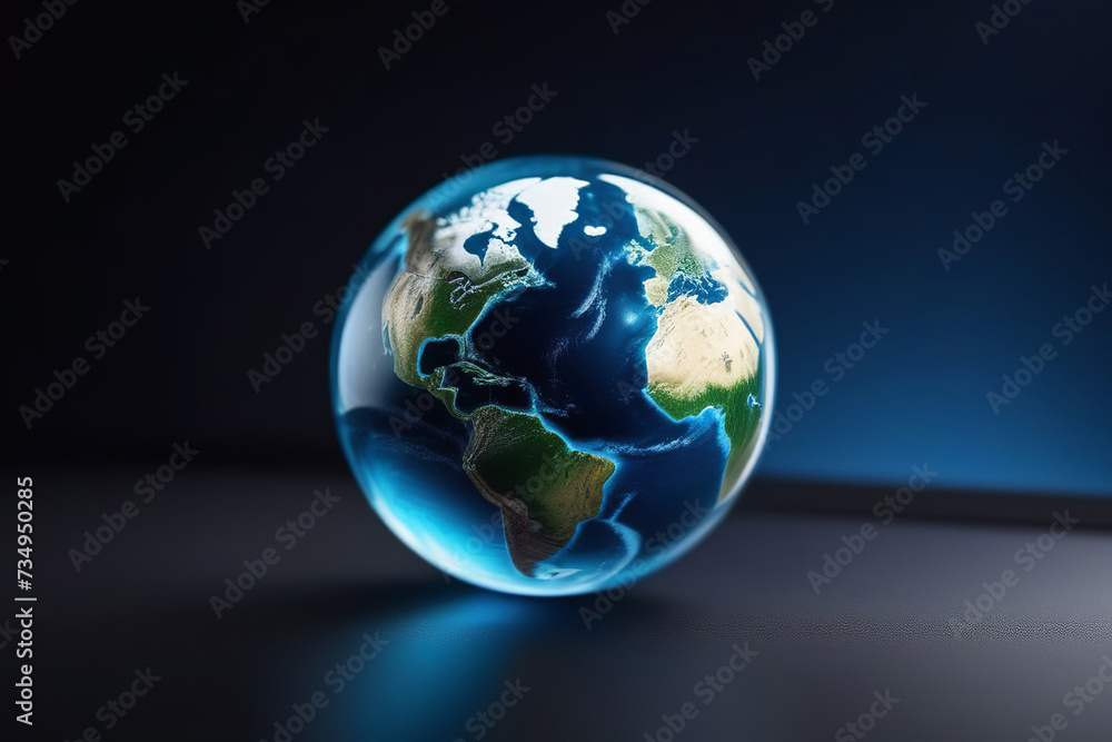 Earth day. Earthly Glass Orb isolated on dark background. Glass globe on a black background. Environment concept Earth day. Earthly Glass Orb isolated on dark background. Glass globe on a black background. Environment concept
