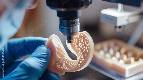 A detailed view of a 3D printed custom hearing aid being examined by a healthcare professional highlighting the intricate design and personal fit made possible by 3D printing technology photo