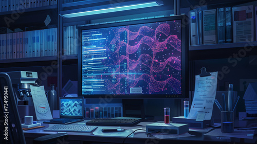 A detailed view of a computer screen in a genomics lab showing AI software identifying patterns in DNA sequences related to complex diseases surrounded by scientific papers and notes photo