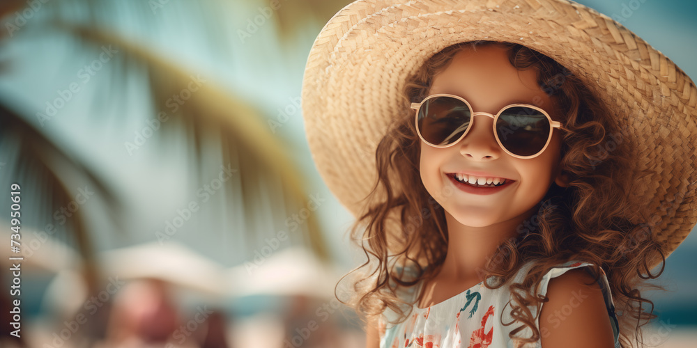 Cute little smiling girl in sun hat and sunglasses in the tropics. Banner with copyspace. Shallow depth of field.