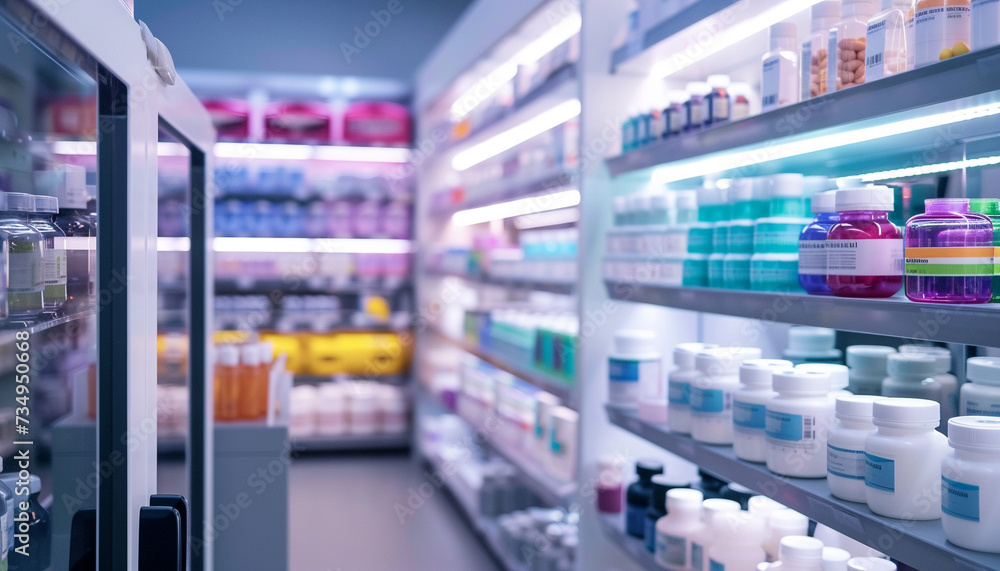A pharmacy of the future where pharmacists use 3D printing technology to create personalized medicine for patients with shelves displaying a variety of printed medications ready for distribution
