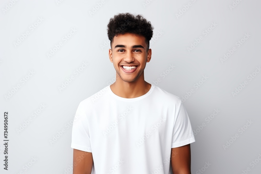 Happy young boy in white t-shirt presenting empty shirt for advertising in studio photo shoot Happy young boy in white t-shirt presenting empty shirt for advertising in studio photo shoot