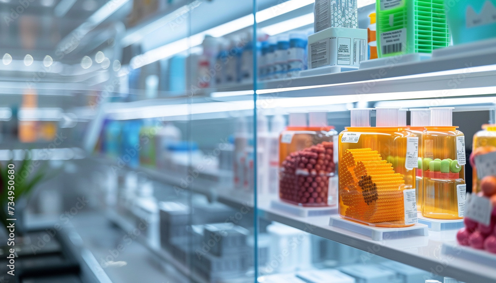 A pharmacy of the future where pharmacists use 3D printing technology to create personalized medicine for patients with shelves displaying a variety of printed medications ready for distribution - obrazy, fototapety, plakaty 