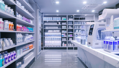 A pharmacy of the future where pharmacists use 3D printing technology to create personalized medicine for patients with shelves displaying a variety of printed medications ready for distribution