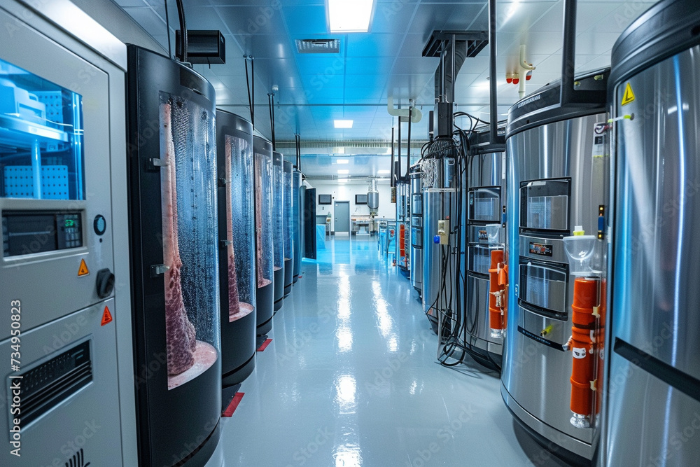 A state-of-the-art laboratory with bioreactors cultivating lab-grown meat showcasing the cultivation tanks and scientific equipment used to grow meat from cells emphasizing the technologys A state-of-the-art laboratory with bioreactors cultivating lab-grown meat showcasing the cultivation tanks and scientific equipment used to grow meat from cells emphasizing the technologys