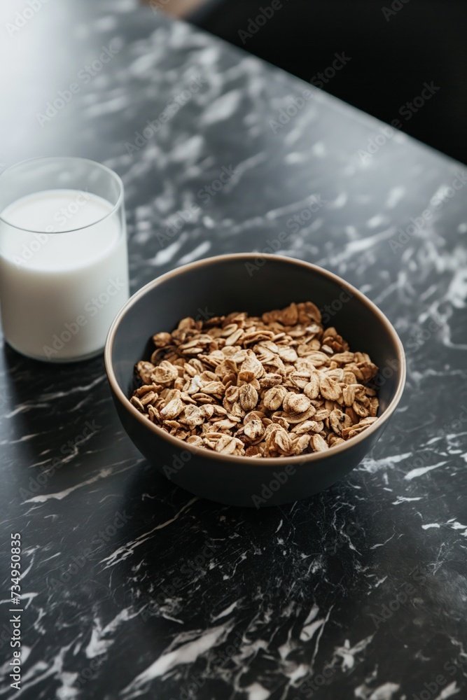 Whole grain cereal in a bowl with glass of milk on a black marble kitchen table Whole grain cereal in a bowl with glass of milk on a black marble kitchen table