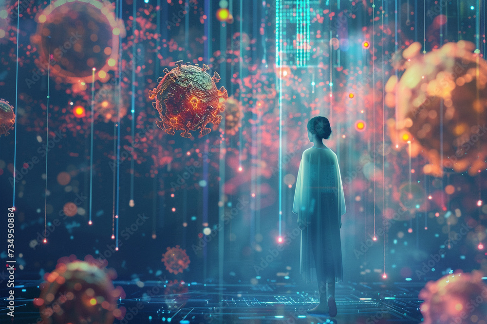 A stylized depiction of a futuristic AI entity analyzing and solving the puzzle of complex diseases surrounded by floating digital data points and holographic images of cells and viruses