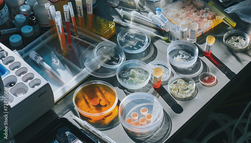 A sterile laboratory bench cluttered with petri dishes containing DNA samples and genetic testing kits highlighting the tools and processes involved in extracting and analyzing genetic information