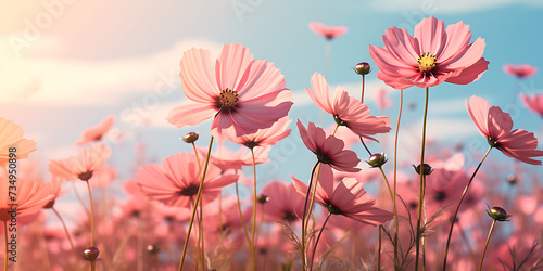 Cosmos flowers blooming in the field at sunset, vintage tone © Graphicsstudio 5