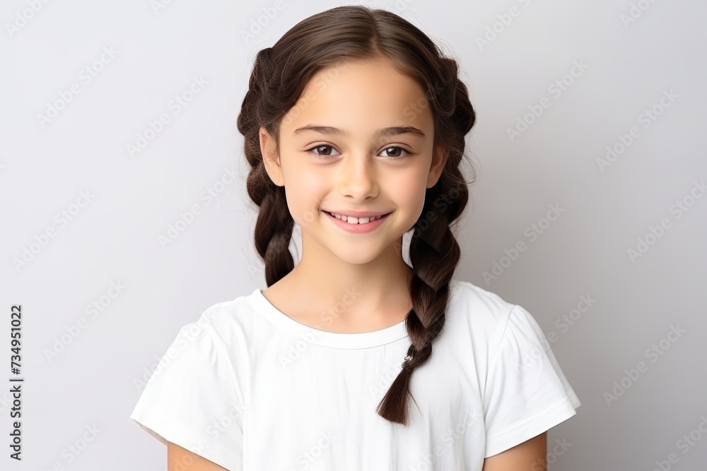 Smiling teen presenting white t-shirt for advertising on plain studio background Smiling teen presenting white t-shirt for advertising on plain studio background