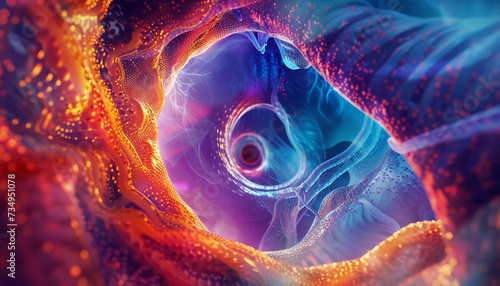 An abstract illustration of a holographic endoscopy procedure with vibrant ethereal layers representing the different tissue densities and structures merging medical accuracy with artistic photo