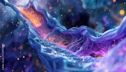 An abstract illustration of a holographic endoscopy procedure with vibrant ethereal layers representing the different tissue densities and structures merging medical accuracy with artistic