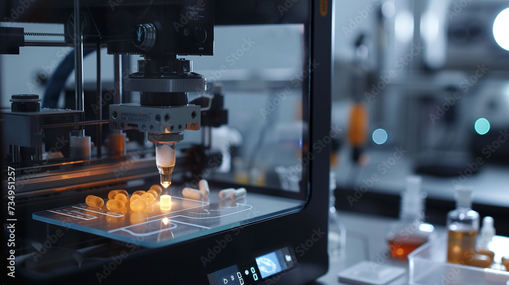 Close-up of a 3D pharmaceutical printer in action with a digital interface displaying the formula for a custom medication emphasizing the technologys role in personalizing treatment Close-up of a 3D pharmaceutical printer in action with a digital interface displaying the formula for a custom medication emphasizing the technologys role in personalizing treatment