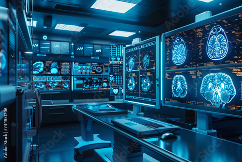 An advanced medical imaging room filled with AI-powered diagnostic tools including 3D imaging screens displaying highly detailed scans and diagnostics with a focus on enhanced accuracy and