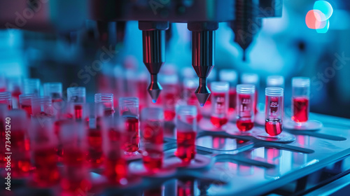 Close-up of a 3D pharmaceutical printer in action with a digital interface displaying the formula for a custom medication emphasizing the technologys role in personalizing treatment