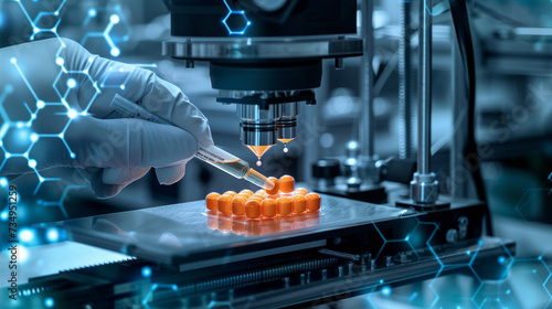 Close-up of a 3D pharmaceutical printer in action with a digital interface displaying the formula for a custom medication emphasizing the technologys role in personalizing treatment