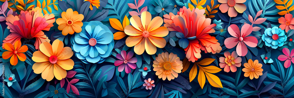 Colorful floral flower illustration, wide format image. 
