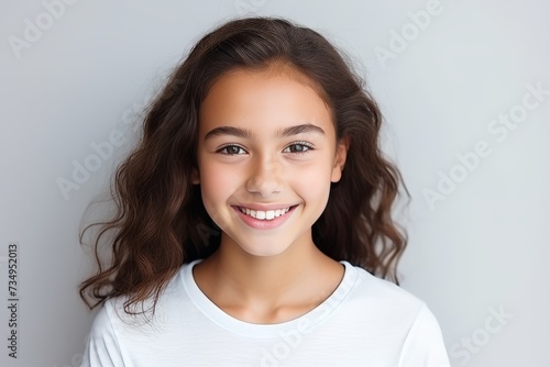 Teenage girl presenting blank white t-shirt for advertising on plain studio background