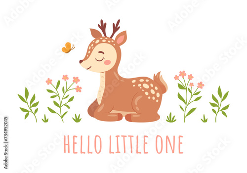 Cute hand drawn fawn with flowers and butterfly. Funny dreaming deer in cartoon style. Perfect for greeting card, poster, baby shower, invitation or print design. Vector illustration isolated on white