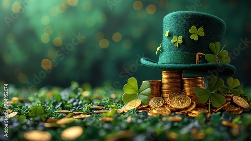 St. Patrick's Day leprechaun hat, gold coins and shamrocks on green background © Vasiliy