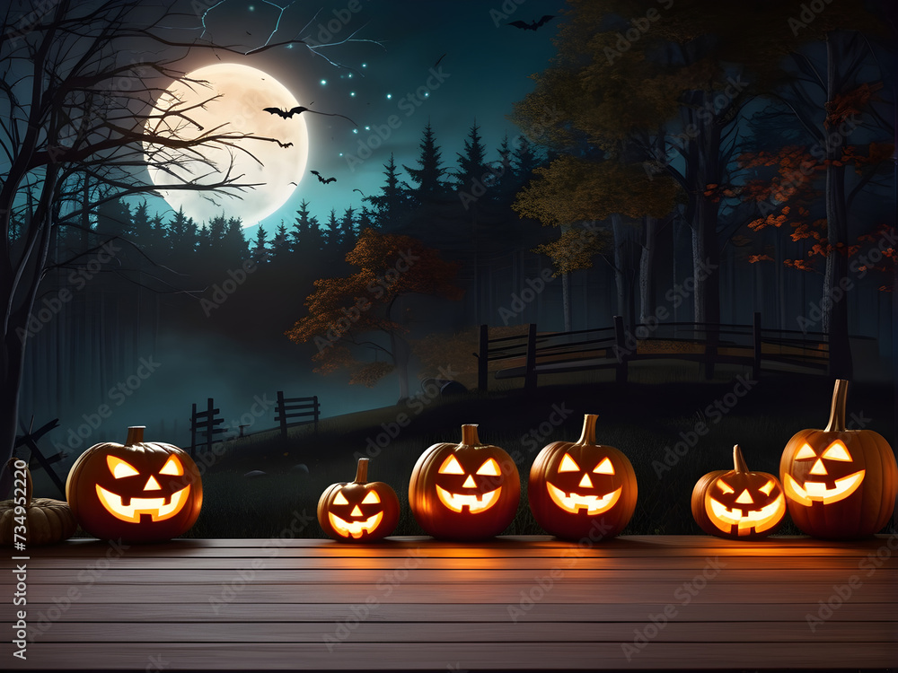 Halloween background with pumpkin and bats. a spooky forest sunset with a haunted evil glowing eyes Halloween background with pumpkin and bats. a spooky forest sunset with a haunted evil glowing eyes